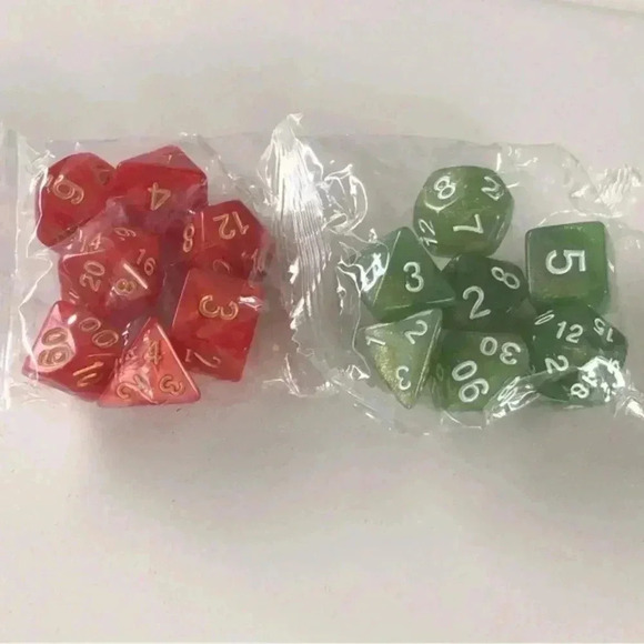 Two 7 Packs D&D Dungeons and Dragons Die Dice Sets Red & Green - Picture 4 of 4